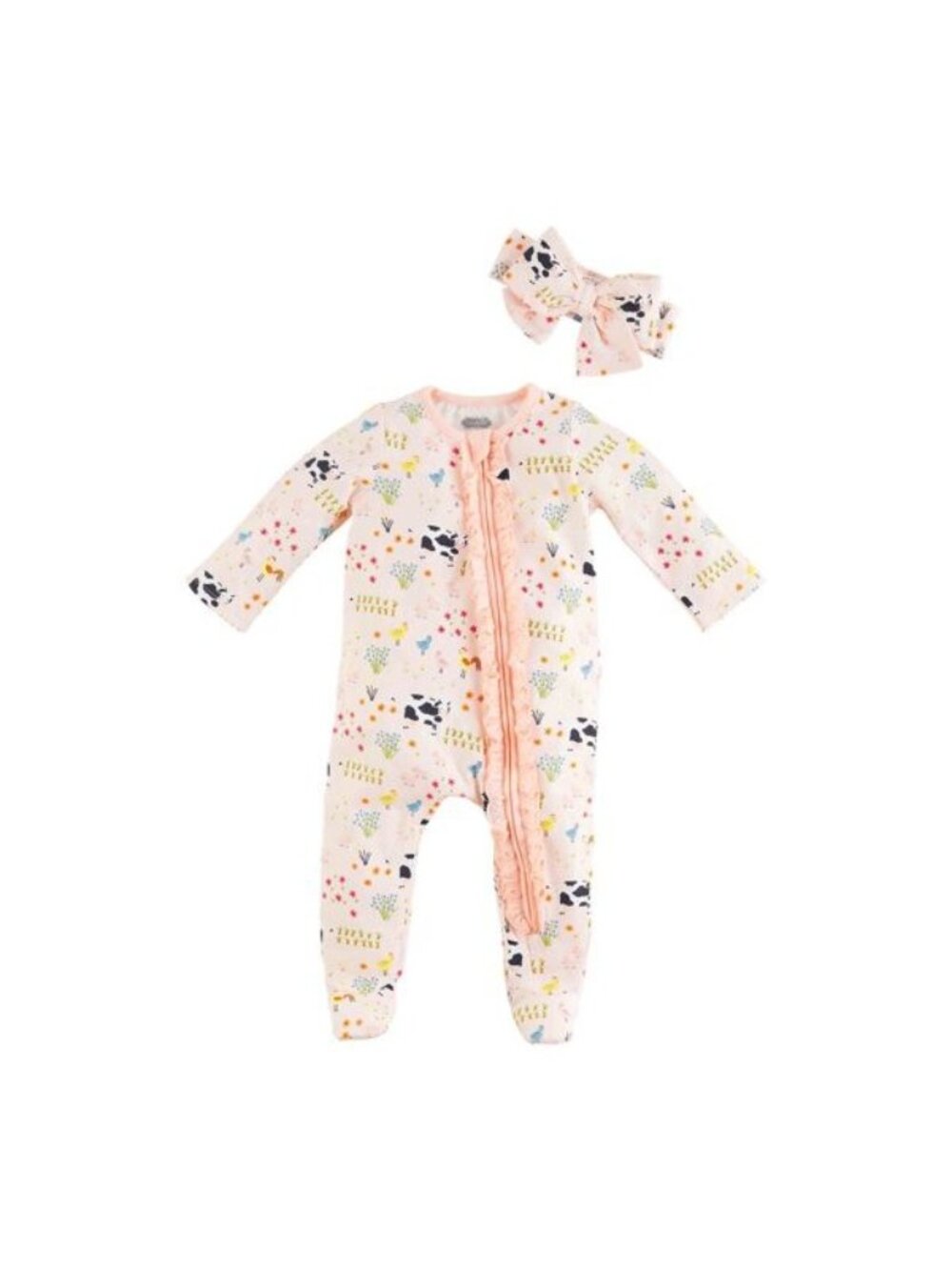 Mud Pie pink Farm cow footed sleeper 6m 9m NWT ruffle zipper Headband SET pig